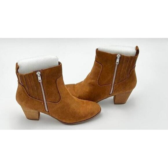 Dolce Vita Caitie Bootie Womens 9 Tan Faux Suede Double Zipper Western Heel Fall - Picture 2 of 9